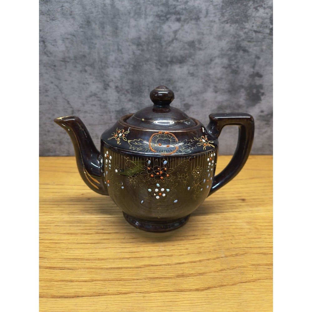 Vtg Japanese‎ Moriage Redware Hand Painted Flower Design Teapot W/Lid Dark Brown